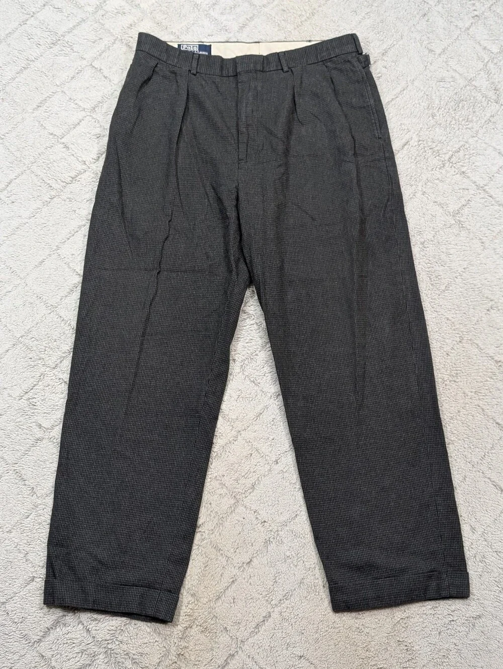 Vtg Polo Ralph Lauren Pants Mens 34x30 Gray Houndstooth Pleats Cuffs Side Buckle